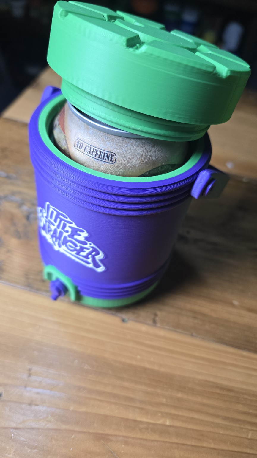 Purple and green Little Stranger container holding a beverage can