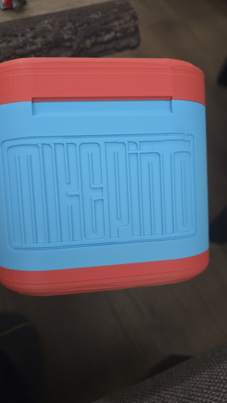 Red and blue custom Mike Pinto 3D printed container
