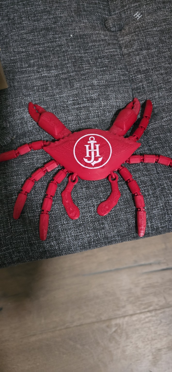 Red articulated 3D printed crab
