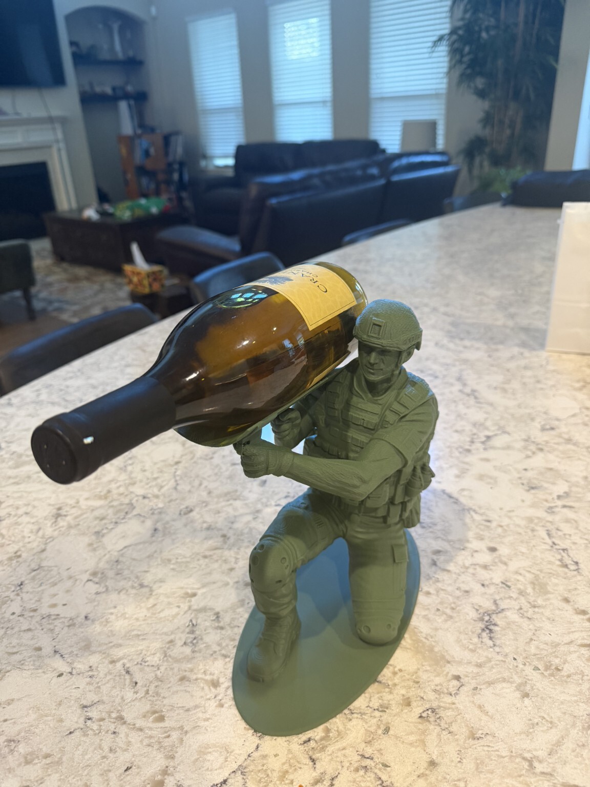 3D printed soldier holding a wine bottle