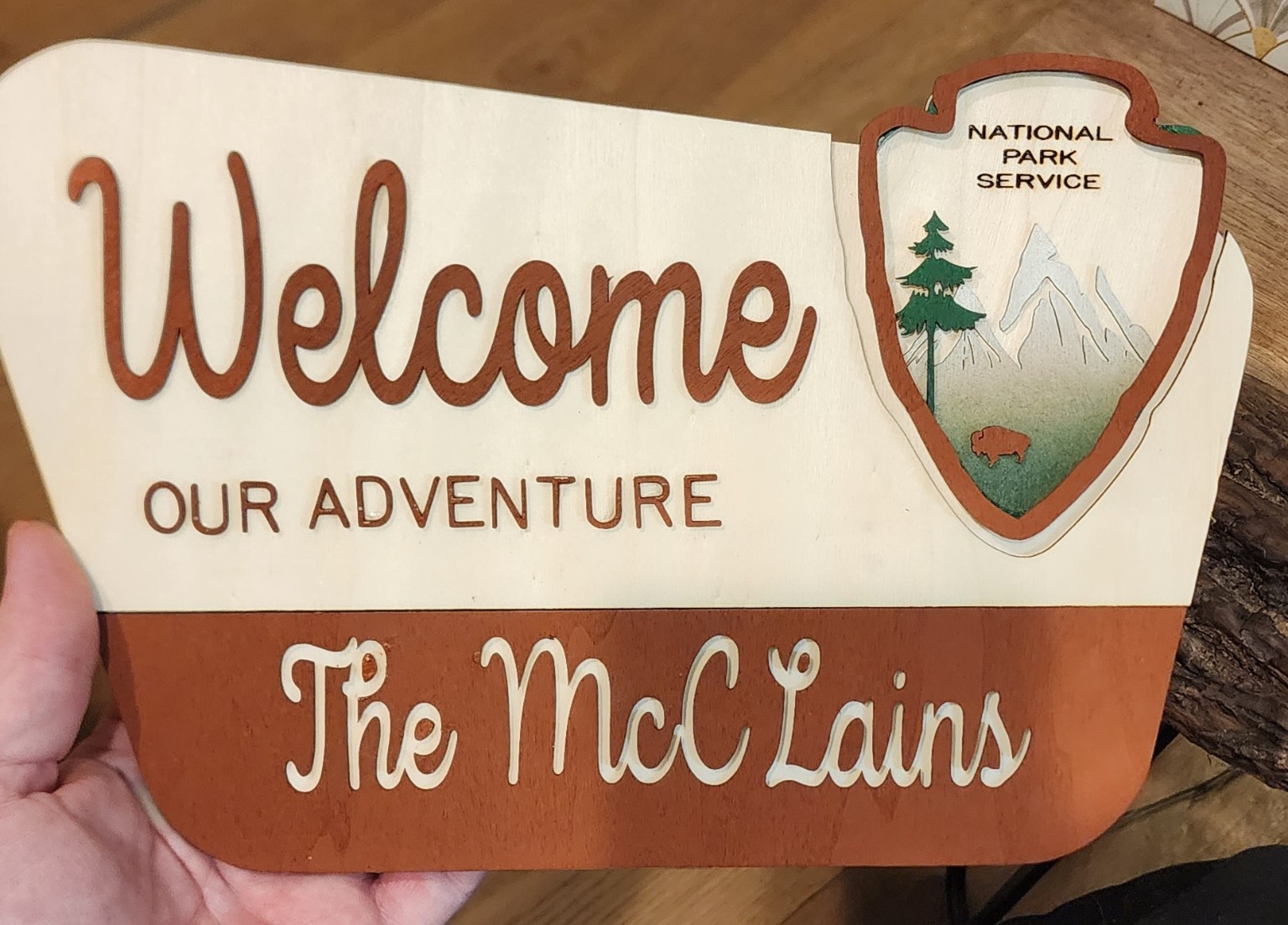 Personalized family adventure welcome sign with National Park Service emblem