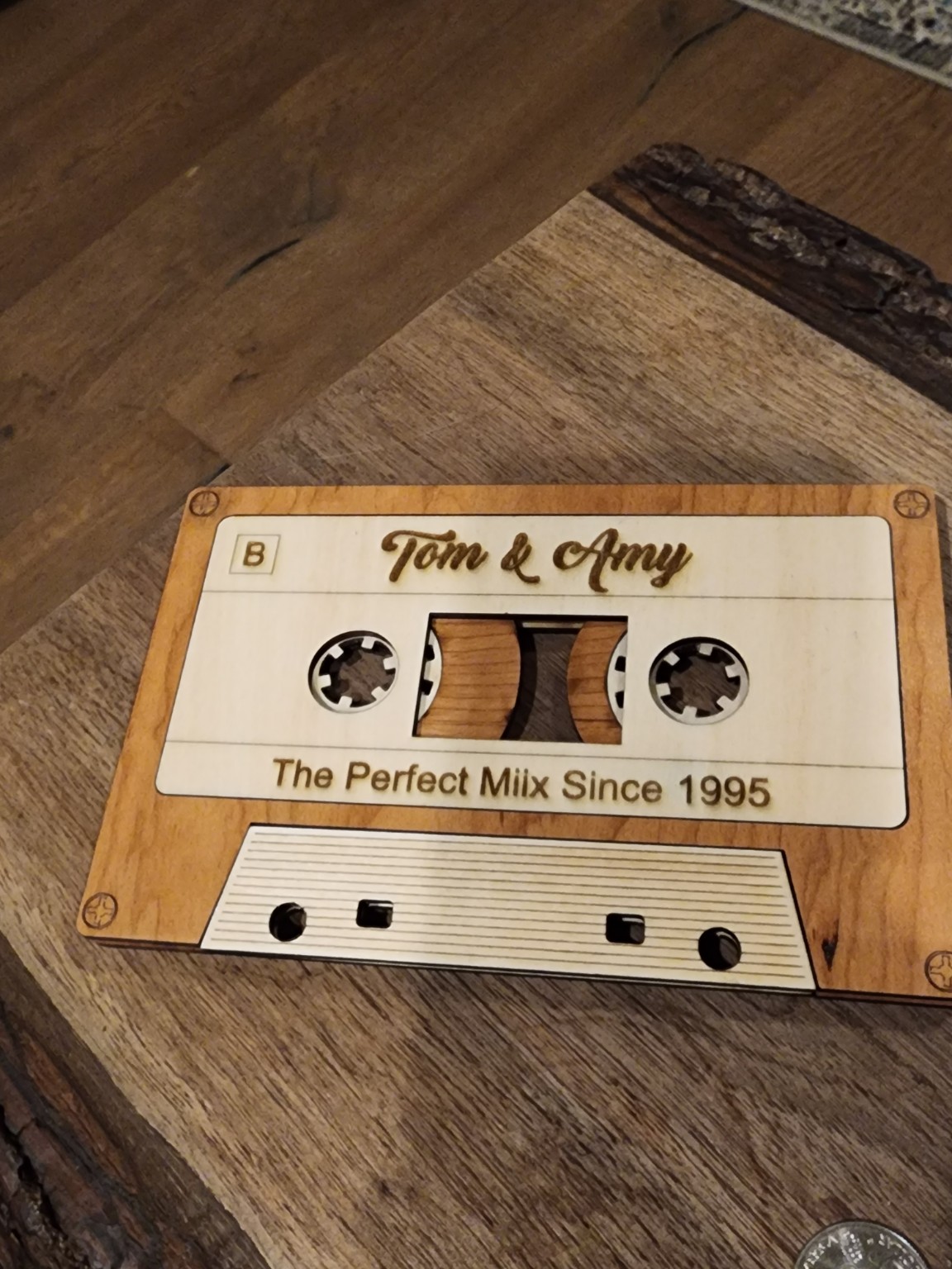Personalized engraved wooden cassette tape artwork