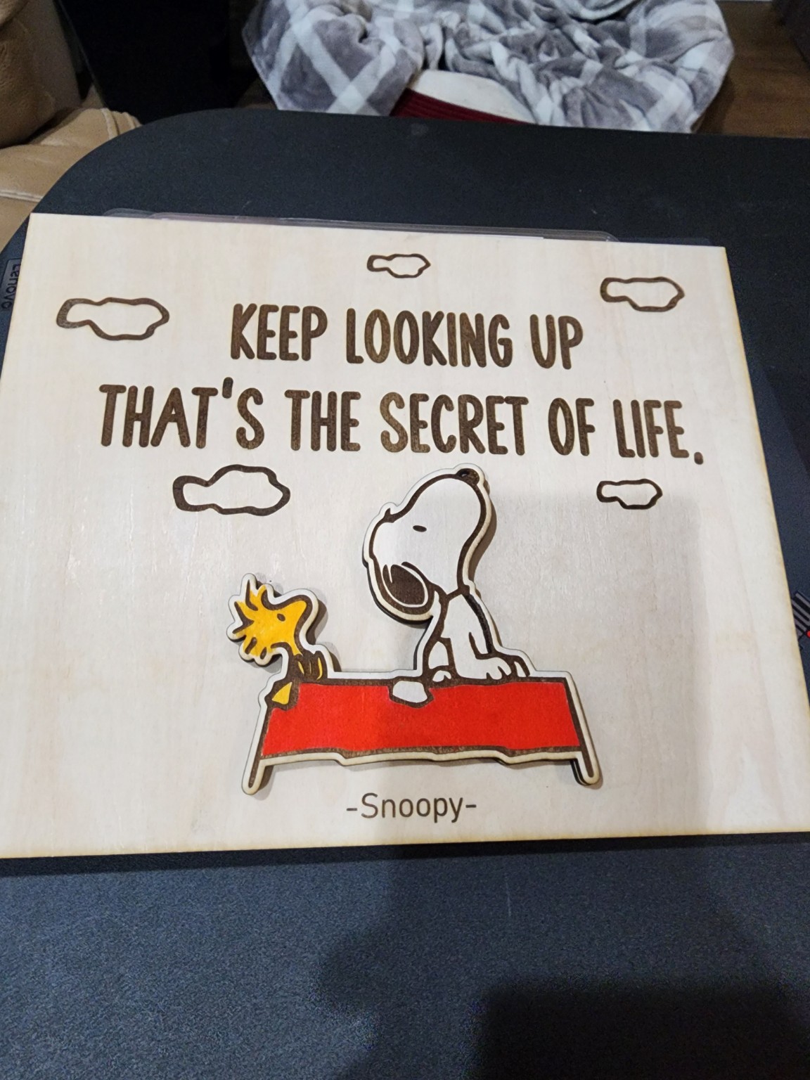 Engraved Snoopy quote sign with colored layered details