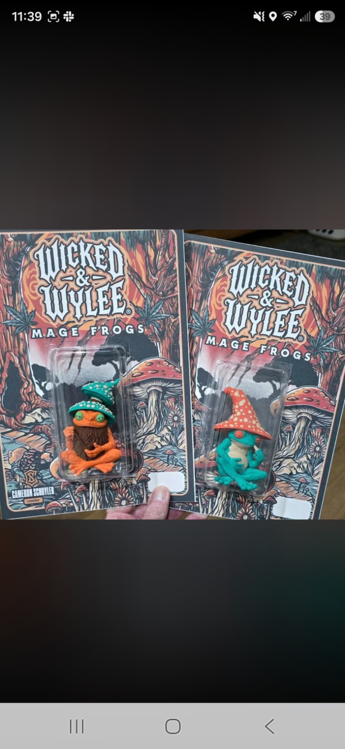 Custom 3D-printed mage frog collectibles in packaging